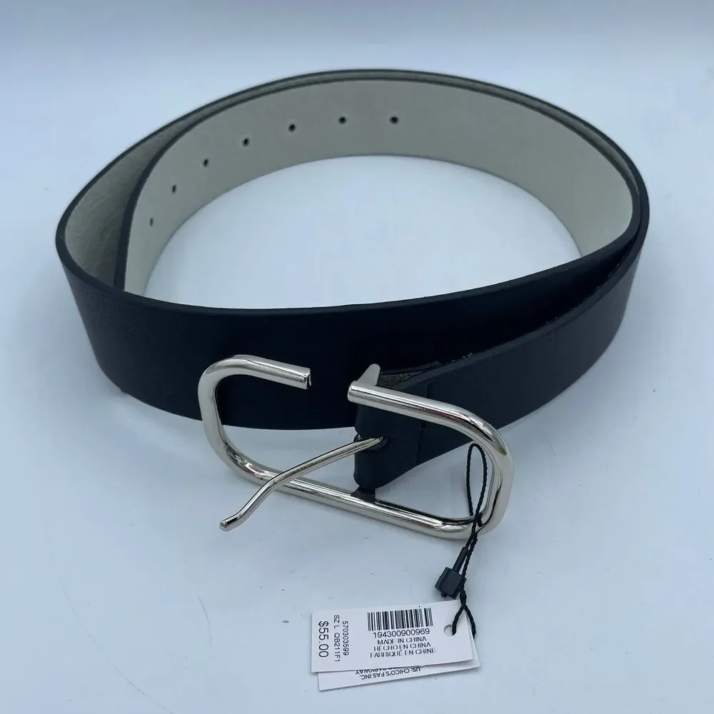 White House Black Market Black Leather Belt Silver Minimalist Buckle NWT Size L
